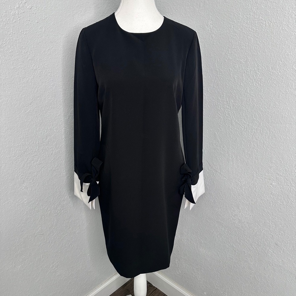 Iris & Ink Black Sheath Dress with White‎ Bow Cuffs Size 8 NWT